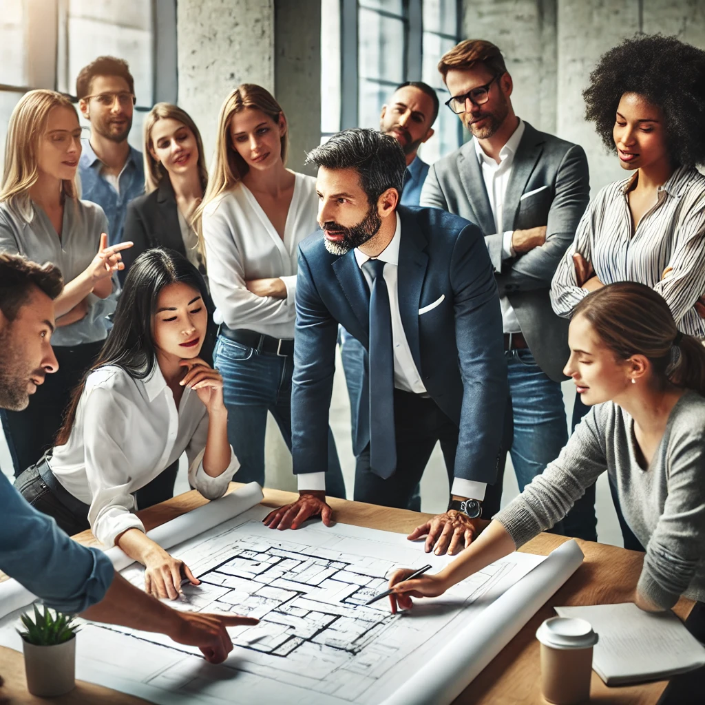 Coaching as a leader - a Project manager leads a team meetings while looking over a blueprint