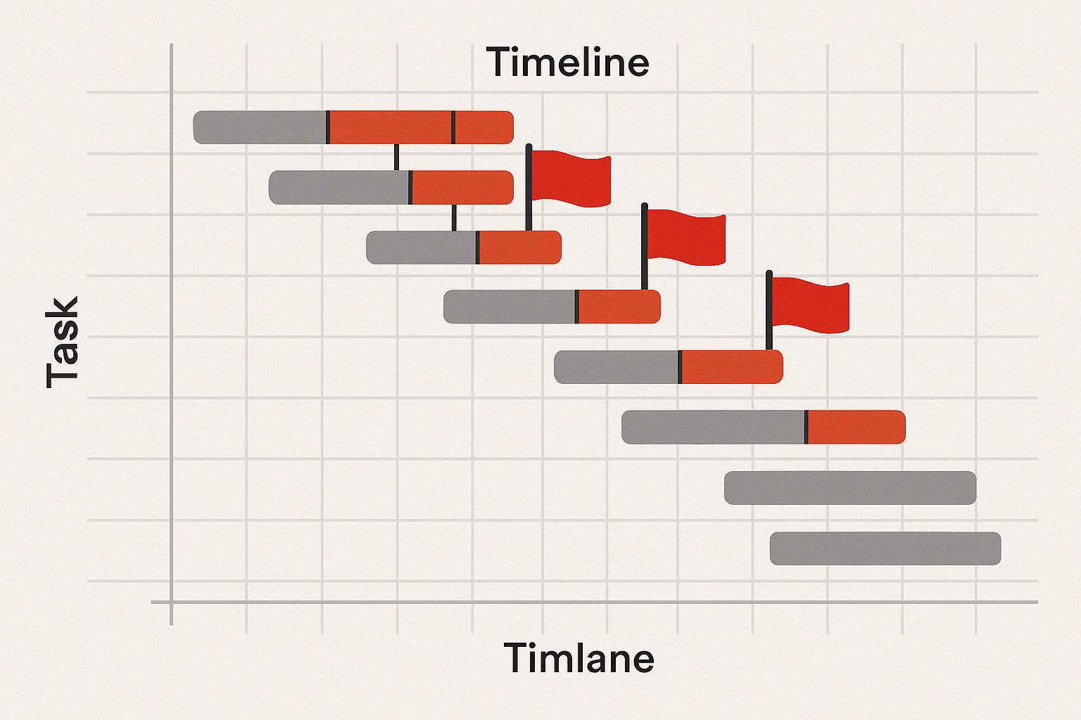 Visual of a Gantt chart or burndown chart with red flag trigger icons overlaid at specific thresholds. for a detailed project plan